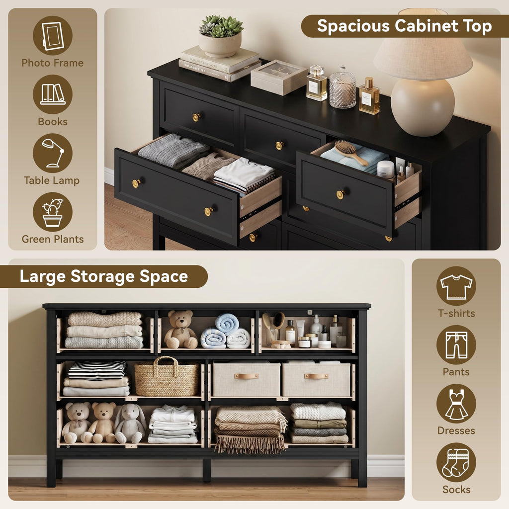 Black Dresser with Gold Handle Modern 7 Drawer Dresser, Wood Chest of Drawer Closet Clothes Storage Organizer, TV