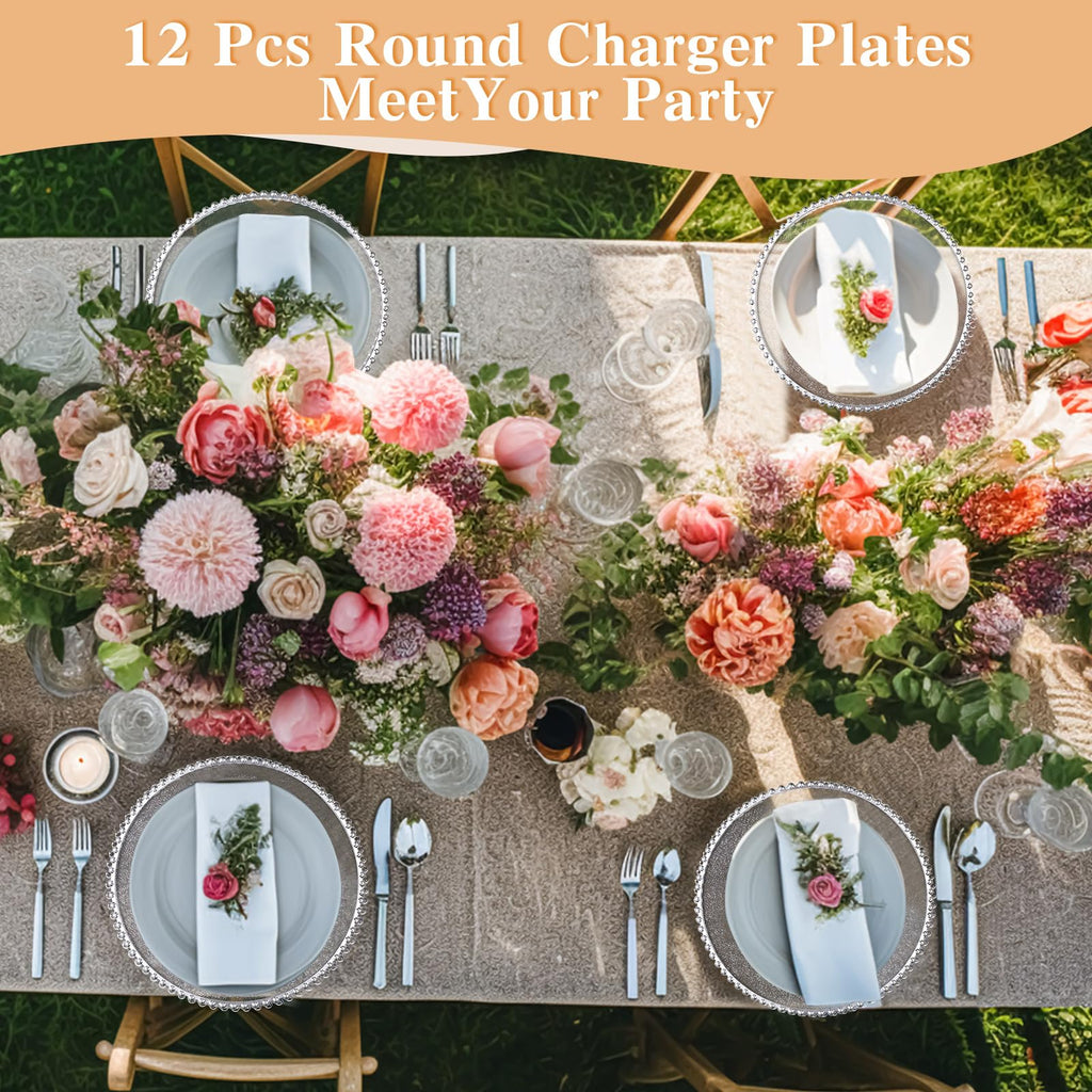 12 Pack Clear Charger Plates Bulk 13 Inch, Silver