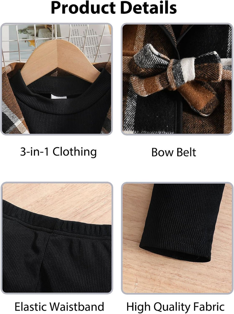 Kid Girls Clothes 3 Piece Outfits Plaid Flannel Belted Vest & Long Sleeve Top and Pants- Fall Clothing Sets
