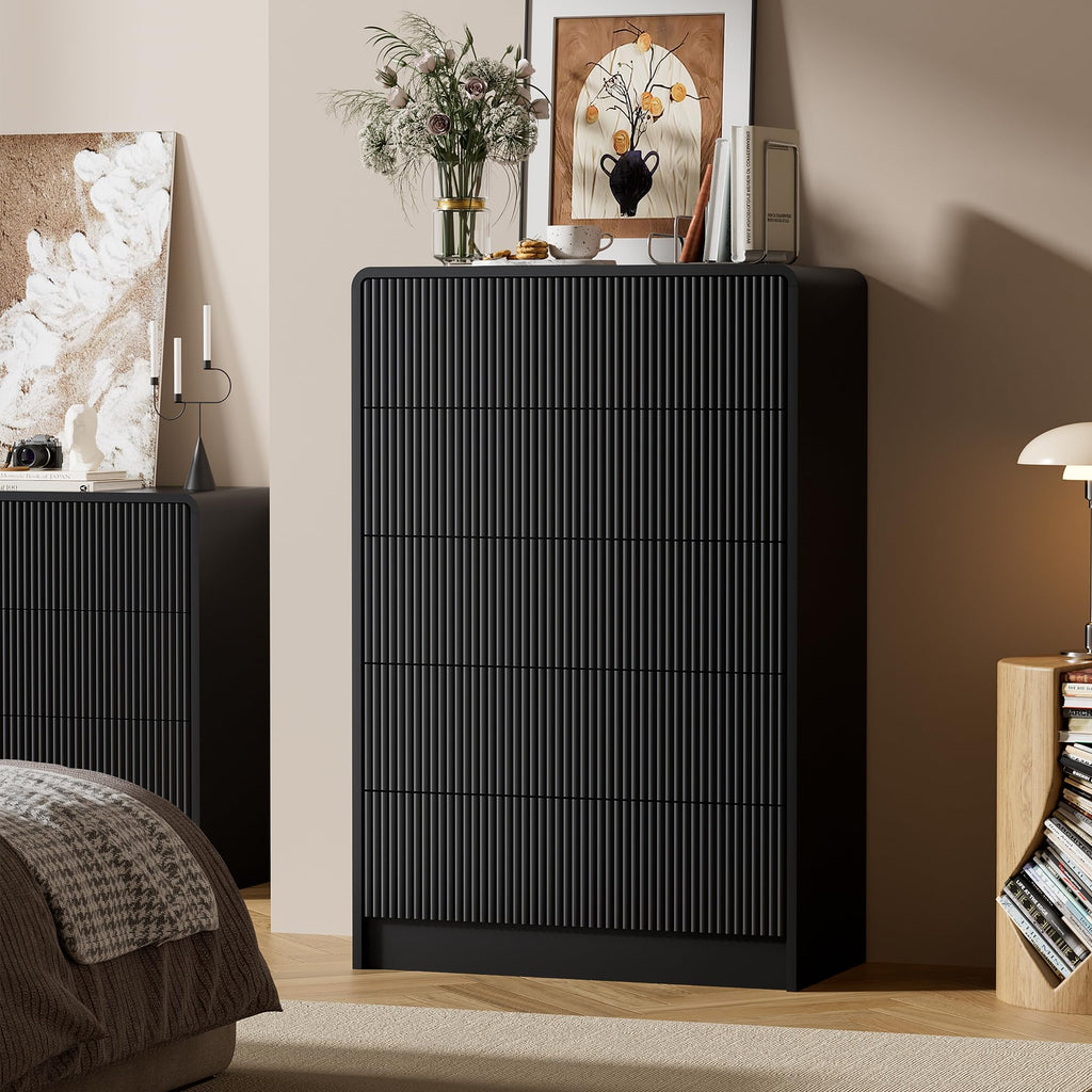 Black 5 Drawer Dresser, Curved Tall Dresser with Push-to-Open Design, Chest of Drawers, 15.7"D x 32"W x 47.2"H