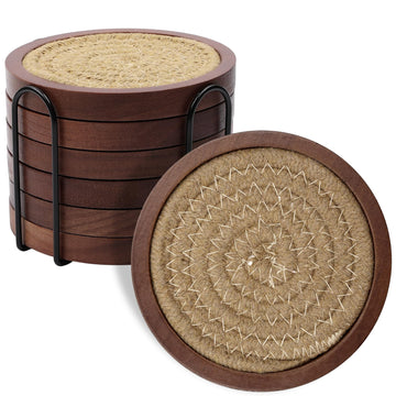 6 Pack Wood Coasters for Drinks with Cotton Coasters Insert, Wooden Coasters with Holder for Coffee Table Decor