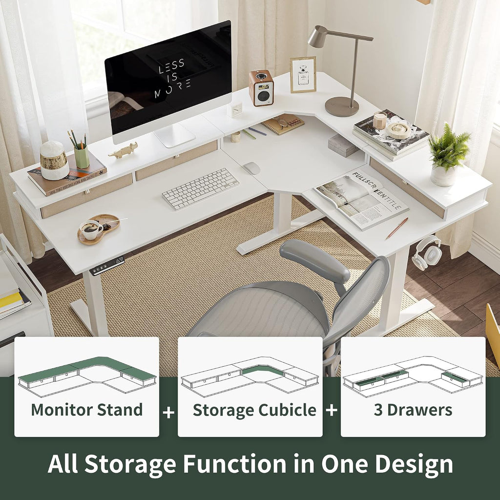 Triple Motor 63" L Shaped Standing Desk with 3 Drawers, Electric Standing Gaming Desk Adjustable Height, Corner Stand