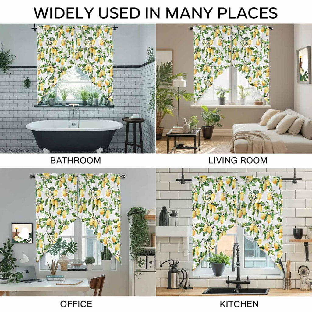 Summer Lemon Swag Valance Curtains Watercolor Plant Fruit Art Rod Pocket Kitchen Curtain, Flower Leaf Scalloped Window