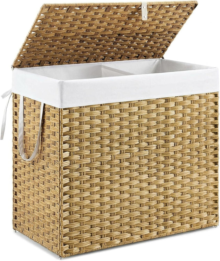 Wicker Laundry Basket with Lid, 110L Woven Laundry Hamper with Handles, Foldable Rattan Clothes Hamper with Removable