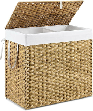 Wicker Laundry Basket with Lid, 110L Woven Laundry Hamper with Handles, Foldable Rattan Clothes Hamper with Removable