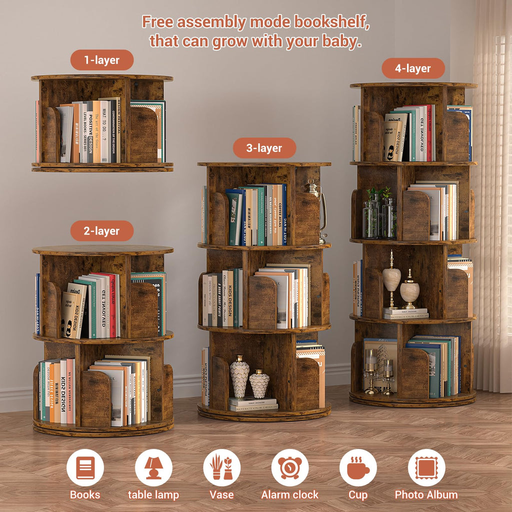 Rotating Bookshelf, 4 Tier Wood Spinning Bookcase Tower, Rustic Brown