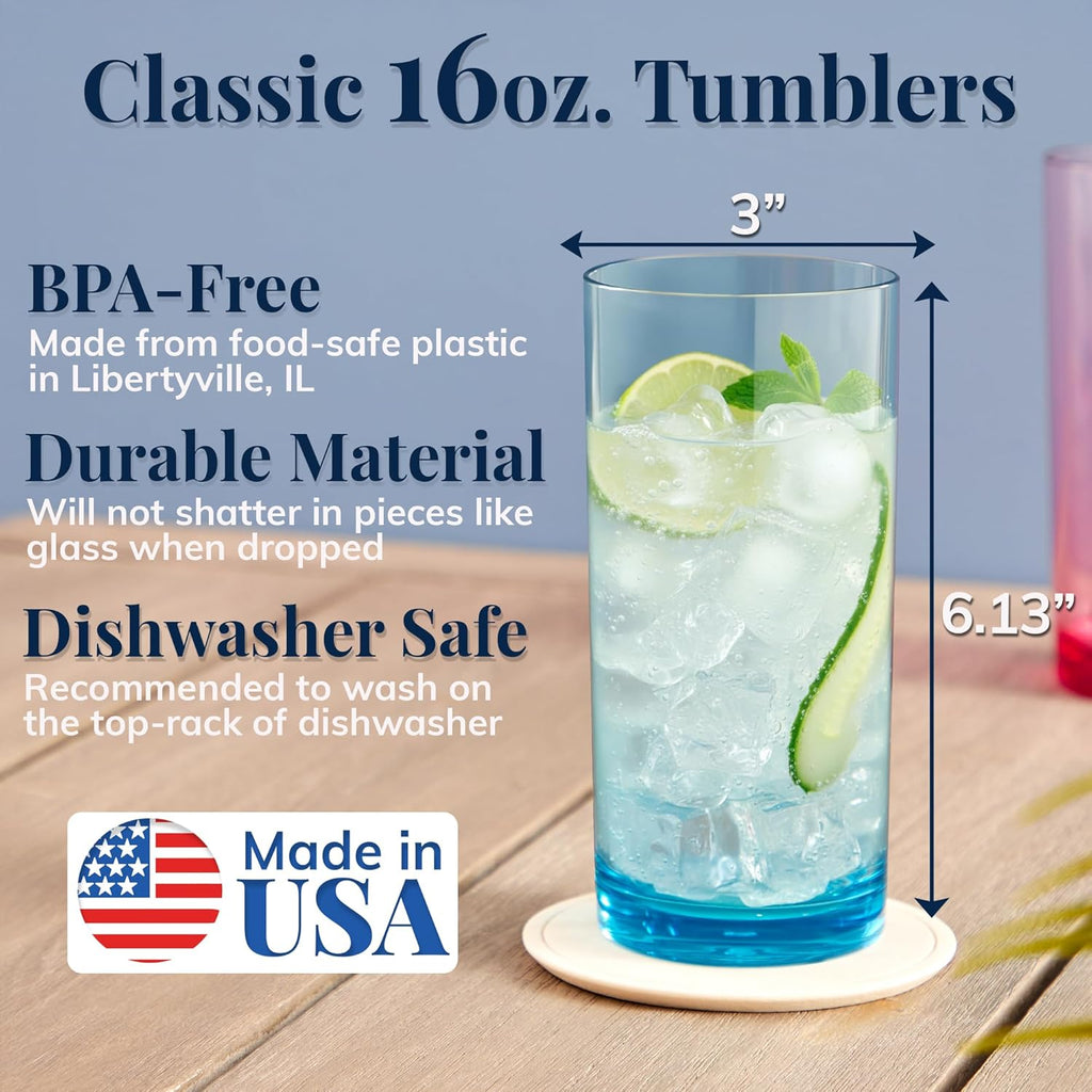 Classic Plastic Reusable Drinking Glasses (Set of 6) 16oz Water Cups Assorted Colors | BPA-Free Tumblers, Made in USA
