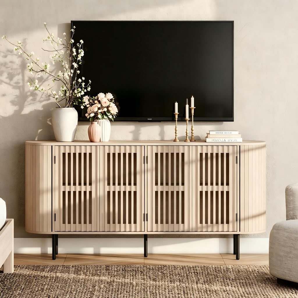Fluted Sideboard Buffet Cabinet, 65" Mid Century Modern Credenza Storage Cabinet with 4 Pop-Up Doors, Wood Accent