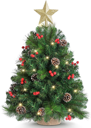 2ft Tabletop Pre-lit Christmas Tree with Star Treetop, Clear LED Lights, Artificial Xmas with Burlap Base for Table