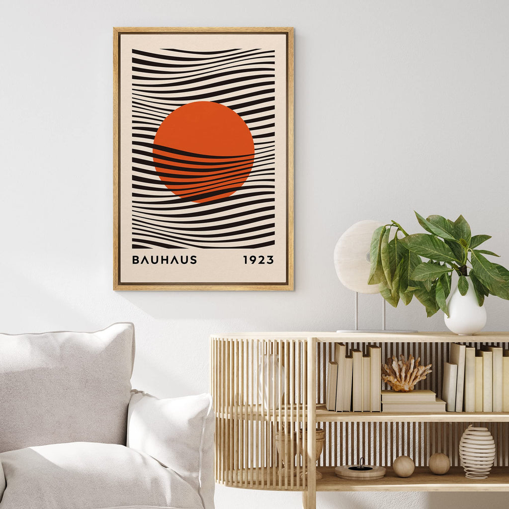 Framed Canvas Print Wall Art Mid-Century Bauhaus Red Sun & Black Waves Shapes Abstract Illustrations Modern Art