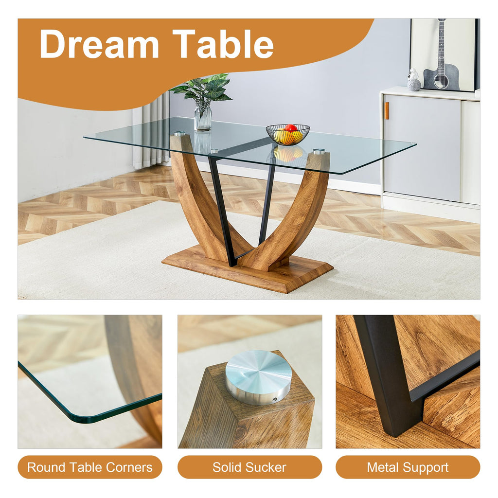 71" Glass Dining Table Set for 6, 7 Piece Dining Table Set, Tempered Glass Table Top with U-Shaped Legs and Fabric