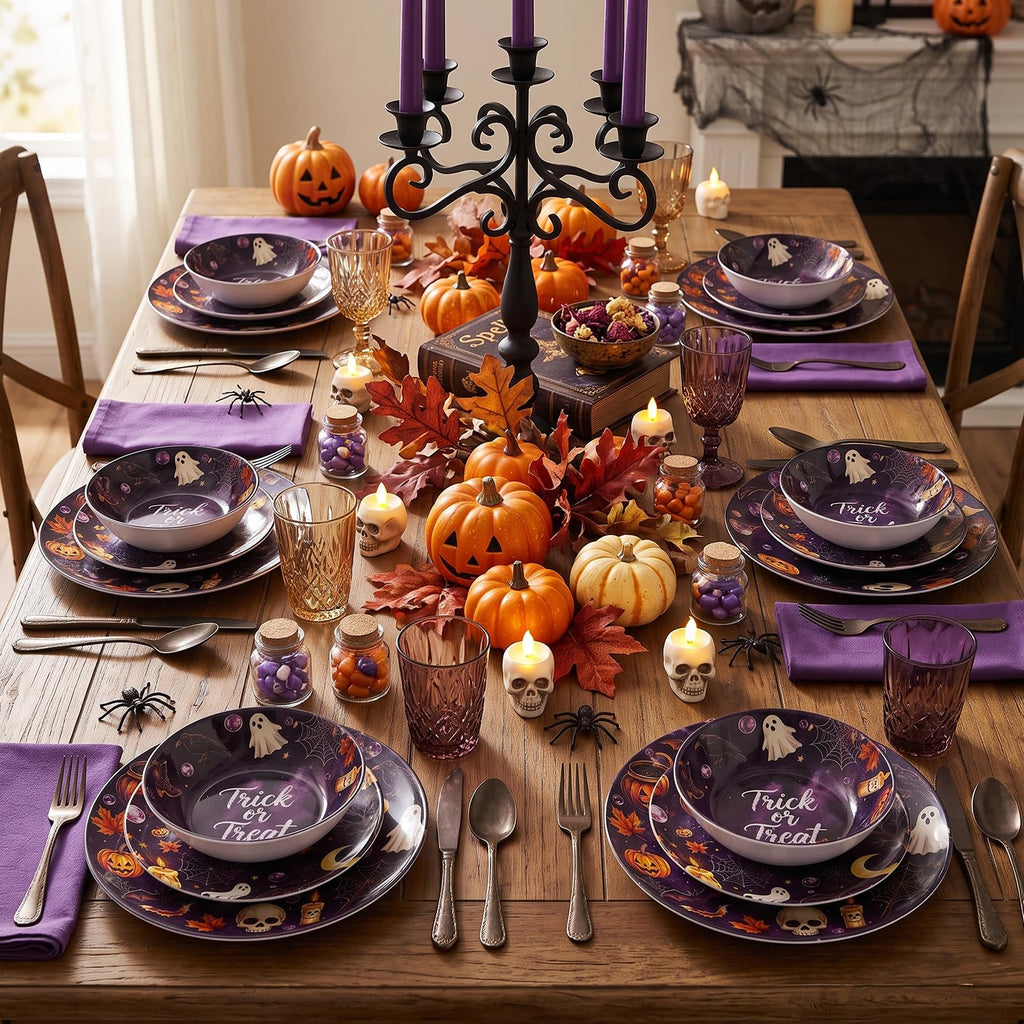 12-Piece Halloween Melamine Dinnerware Set, Service for 4,Dark Purple