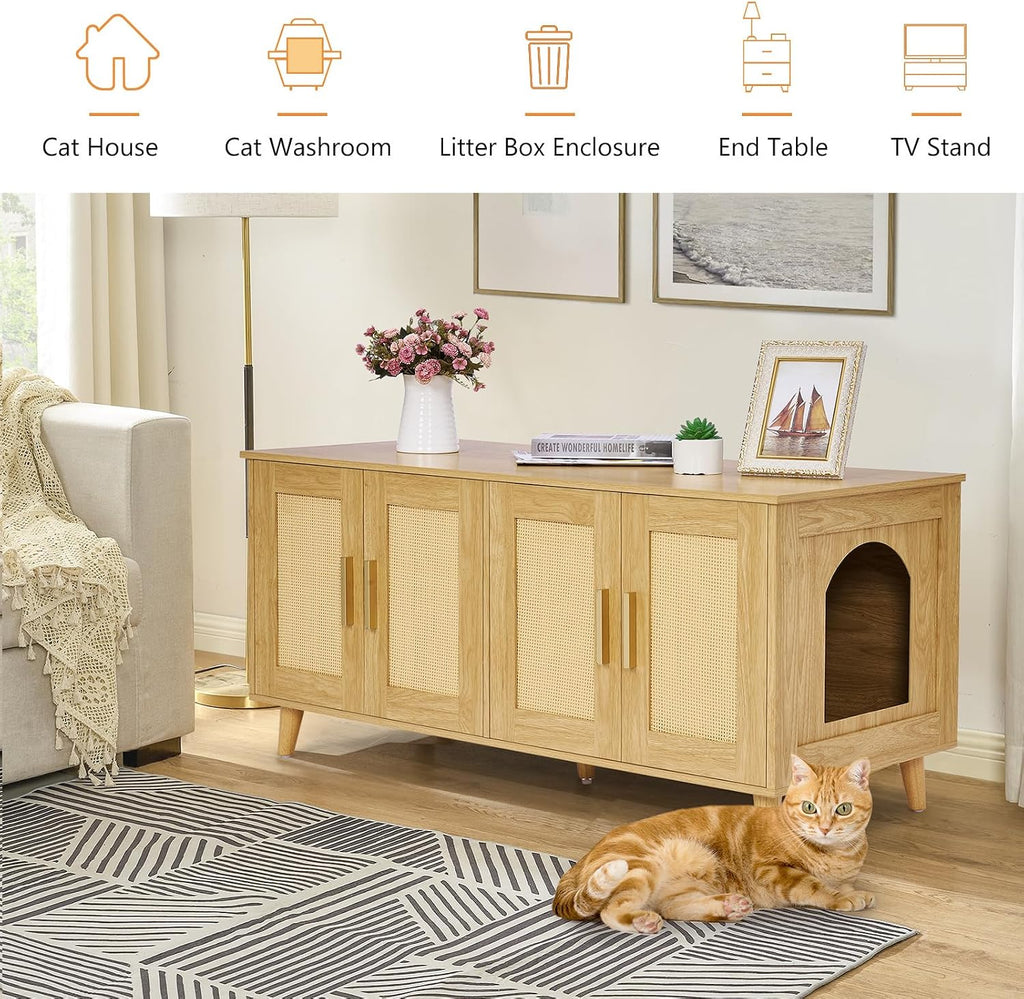 Boho Cat Litter Box Enclosure for 2 Cats, Natural