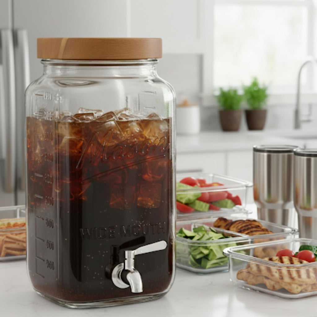 2 Gallon with Wooden Lid - Large Square Mason Jar Drink Container with Stainless Steel Spigot - Big Batch Iced Tea