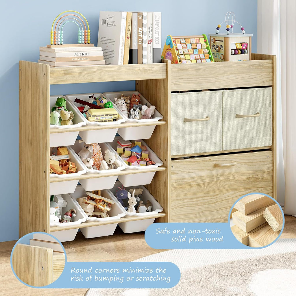 Toy Storage Organizer for Kids, 9-Bin Toy Organizer with 2-Drawers, Movable Toy Chest and Top Rack, Multifunctional