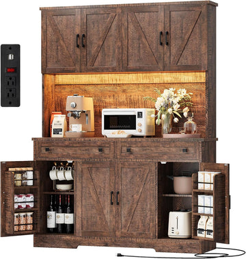 71'' Pantry Cabinet, Kitchen Hutch with Storage, LED & Power, Brown | 2 AC Outlets, 2 USB Ports, 6 Door Shelves, 2