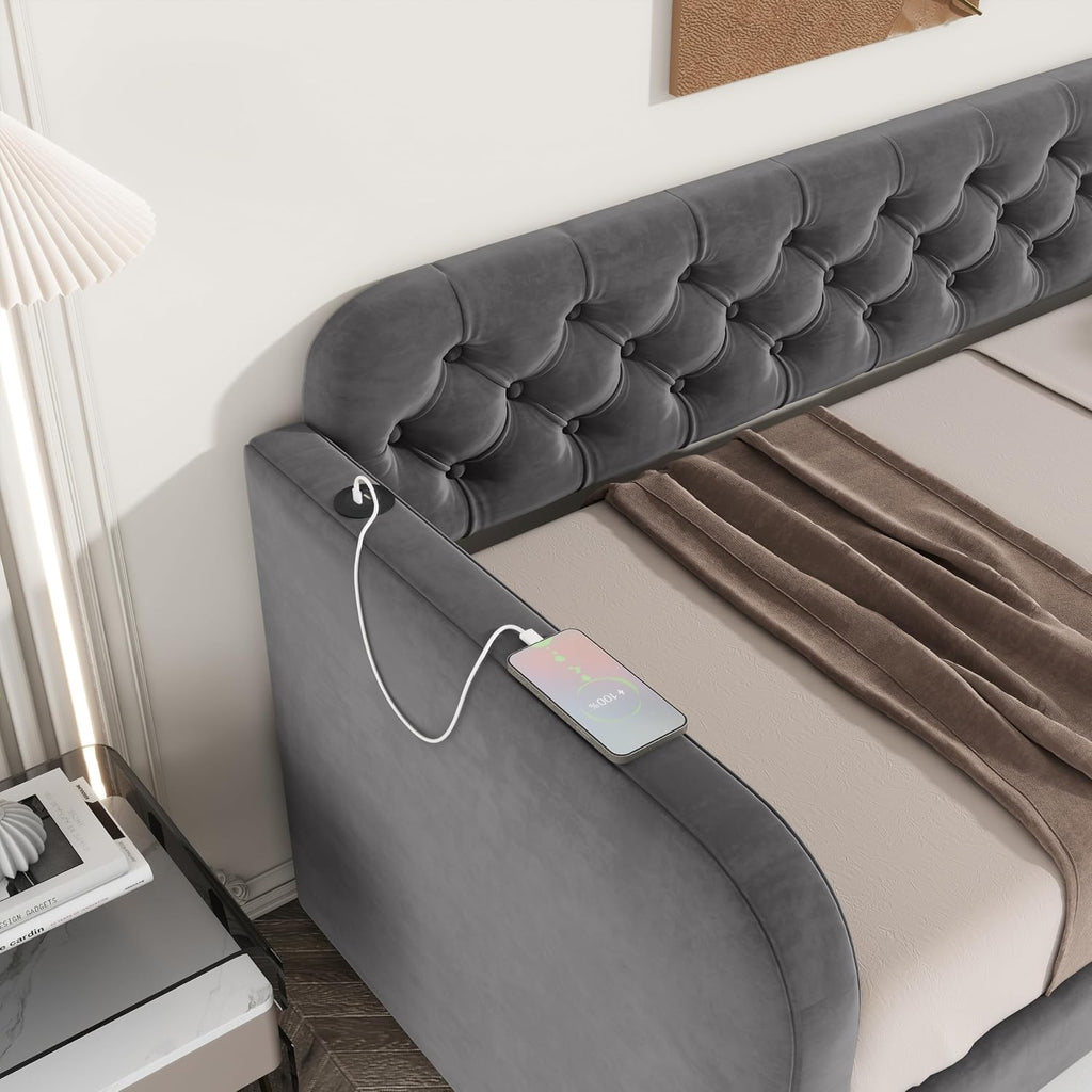 Twin Size Daybed W/Trundle,Velvet Day Bed with Pop Up Trundle Bed W/USB Charging Ports,Upholstered Sofa Bed W/Back,No