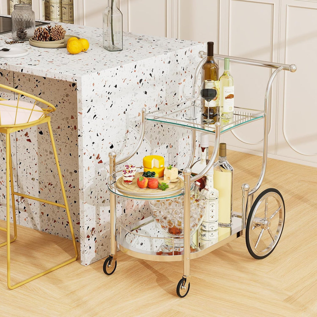 Bar Cart, 3-Tier Rolling Home Bar Serving Cart with Mirrored Shelves & 4 Wheels, Mobile Beverage & Wine Cart (Silver)
