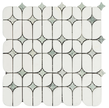 Thassos White Marble Mosaic Tile with Ming Green Accents - Polished Decorative Stone Tile Backsplash, Bathroom Wall &