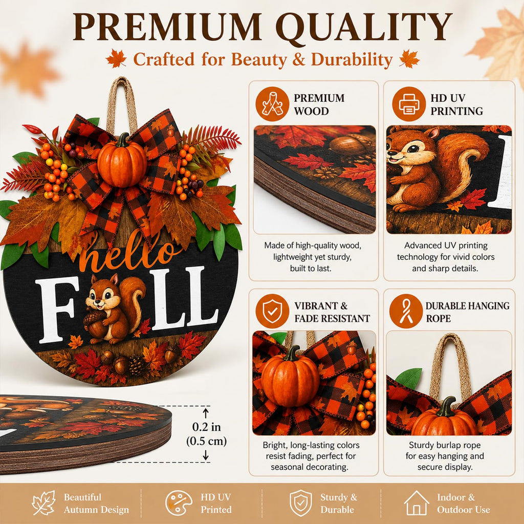 Fall Wreaths for Front Door Hello Fall Squirrel Door Hanger Thanksgiving Decor (Cute Hello Fall)