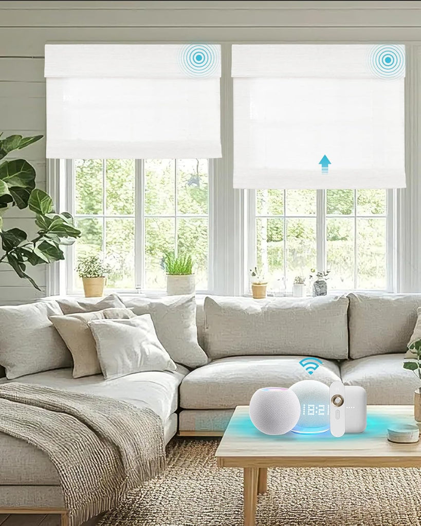 Motorized Bamboo Roman Blinds with Remote, Woven Roman Shades Compatible with Alexa Google Home, Automatic Bamboo
