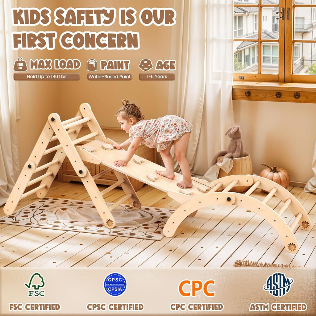 In-1 Deformable Triangle Set with Sliding Ramp & Climbing Arch Ramp, Wooden Toddler Climbing Toys Indoor