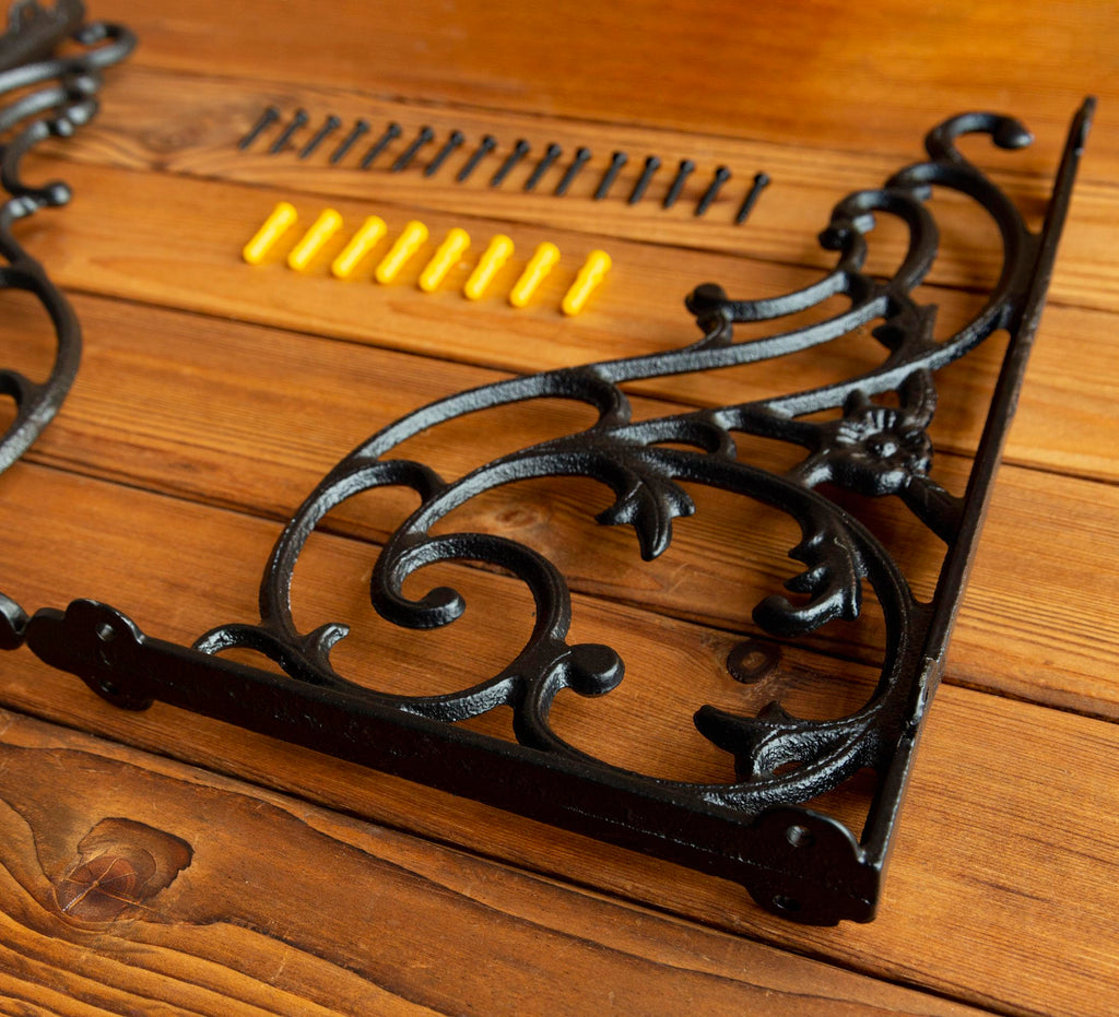 14''x8.5'' Decorative Shelf Brackets,2 Pack Cast Iron Shelf Supply,14 Inch Large Antique Black Corbesl,Screws Anchors