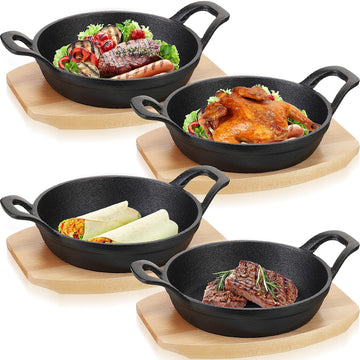 4 Sets Mini Cast Iron Skillet with Wood Base Round, 5.5 Inch