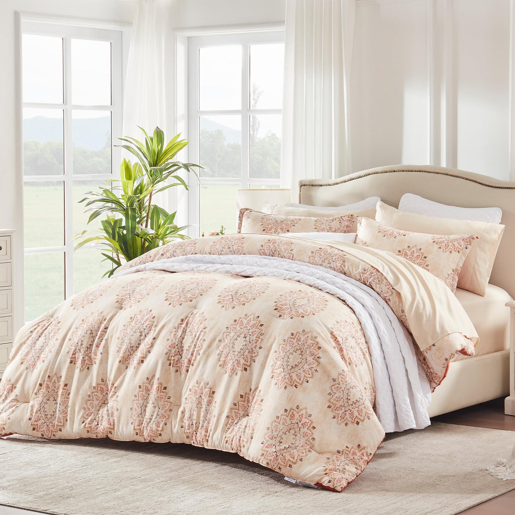 7 Pieces Bed in a Bag Comforter Sets Full, Damask Pattern Beige Fluffy Breathable BIAB with 4 Corner Tabs