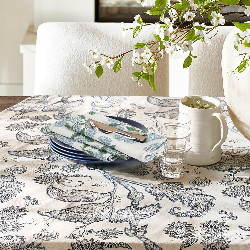 Sage Green Hydrangea Cloth Napkins Set of 12,Blue and White Vintage Floral Dinner Napkins Natural Linen Cotton