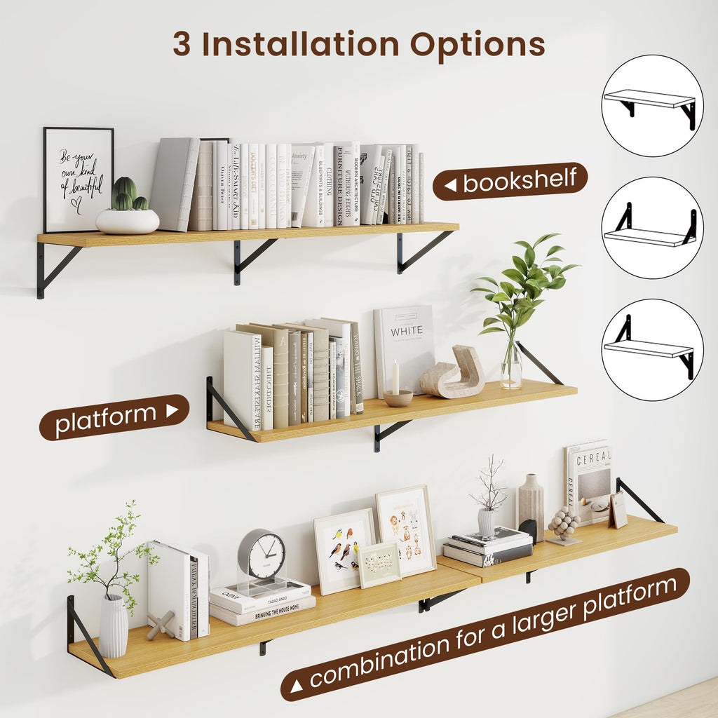 Deep Floating Shelves, 48'' x 10'' Oak Wall Shelves Set of 2