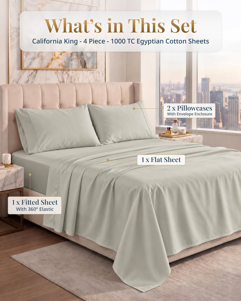 California King Size Sheets Set 100% Egyptian Cotton - Silver