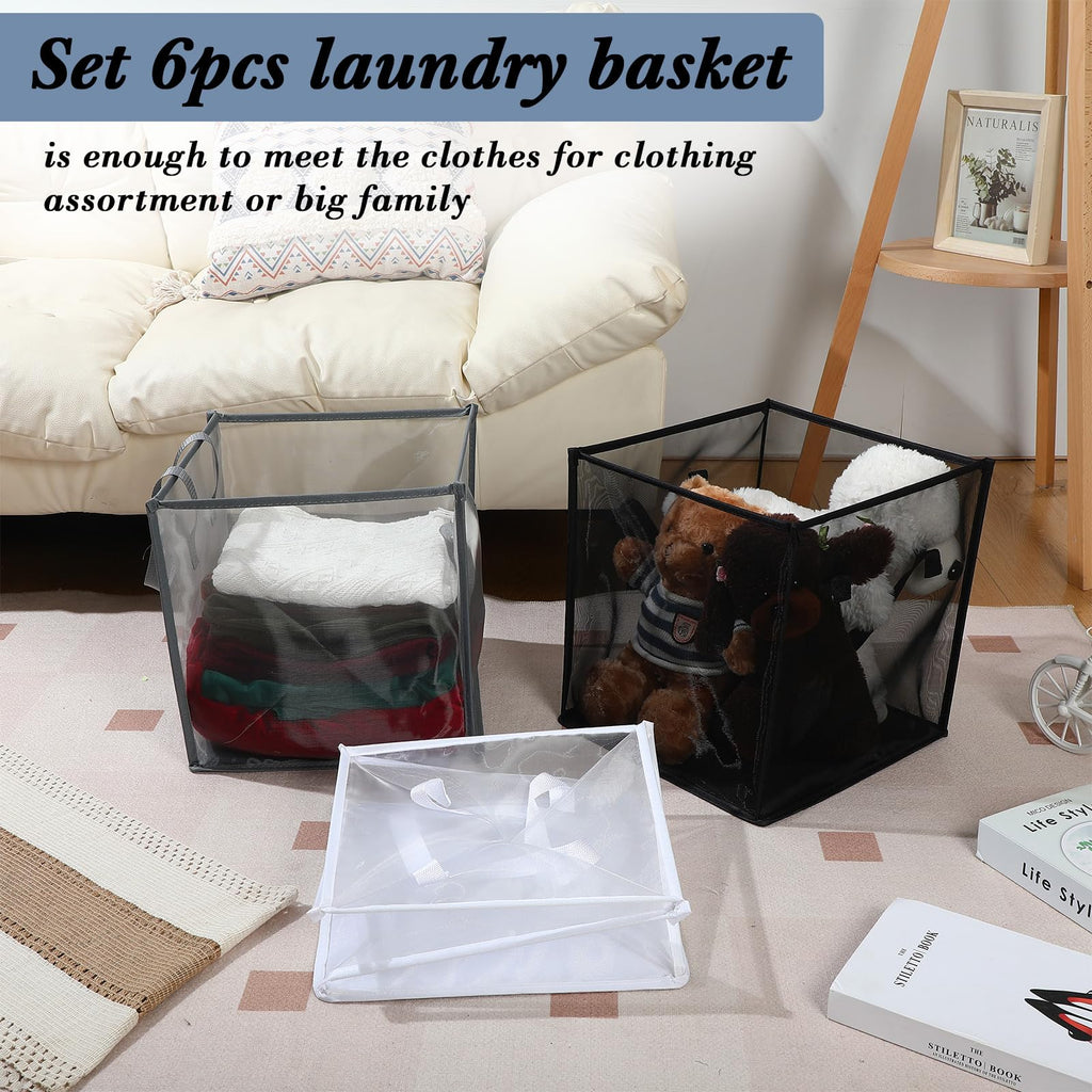 6 Pack Collapsible Mesh Laundry Basket, Multicolor, Single-layer