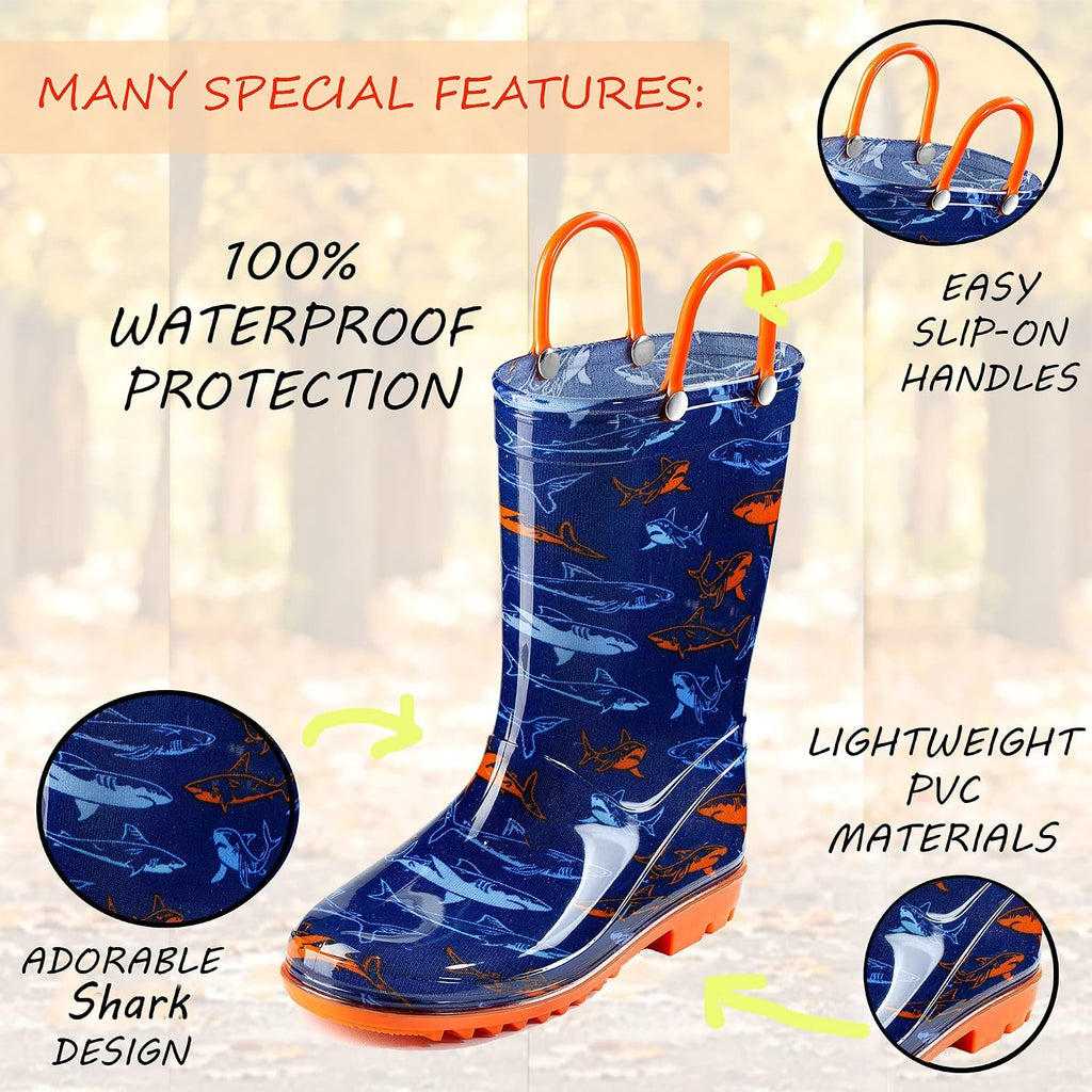 Toddler and Kids Waterproof PVC Rain Boots with Easy-On Handles - Lightweight Slip-Resistant Outdoor Boots for Boys