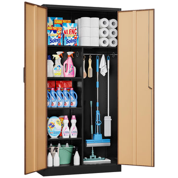 Wide & Deep Metal Storage Cabinet with Hanging Rod, Broom Closet Storage Cabinet with Lock, 72" Tall Wardrobe Cabinets