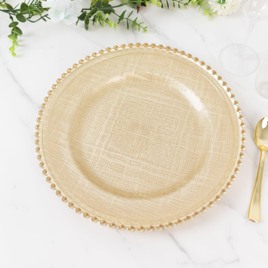 12" Gold Glass Charger Plates with Beaded Rim and Cross-Stitch Pattern; Intricate Textured Underplates
