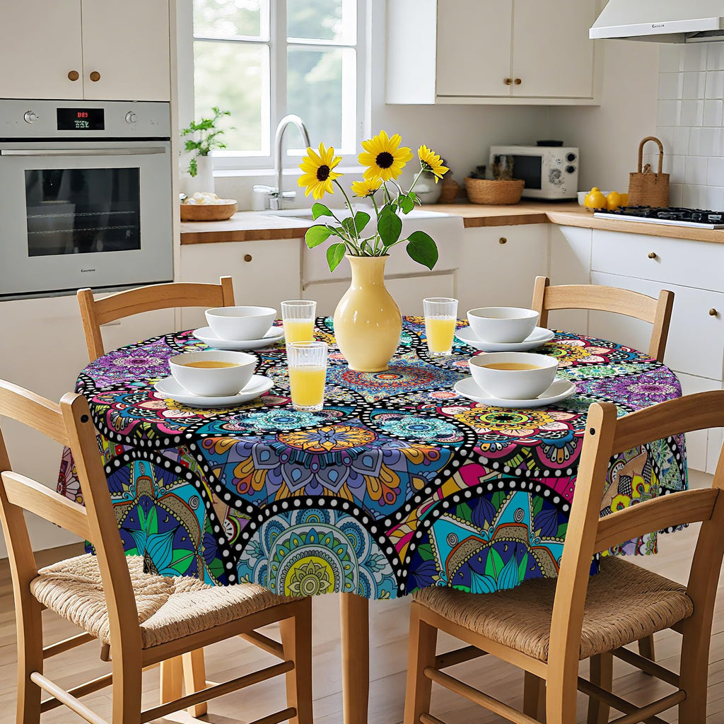 Boho Round Tablecloth, 70inch Bohemia Stain-Resistant Table Cover