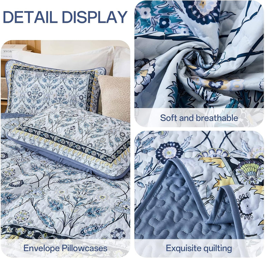 Queen Quilt Sets, Navy Blue Floral Quilt Set Queen 3 Pieces Boho Bedspread Coverlet Set with 2 Pillowcases Soft