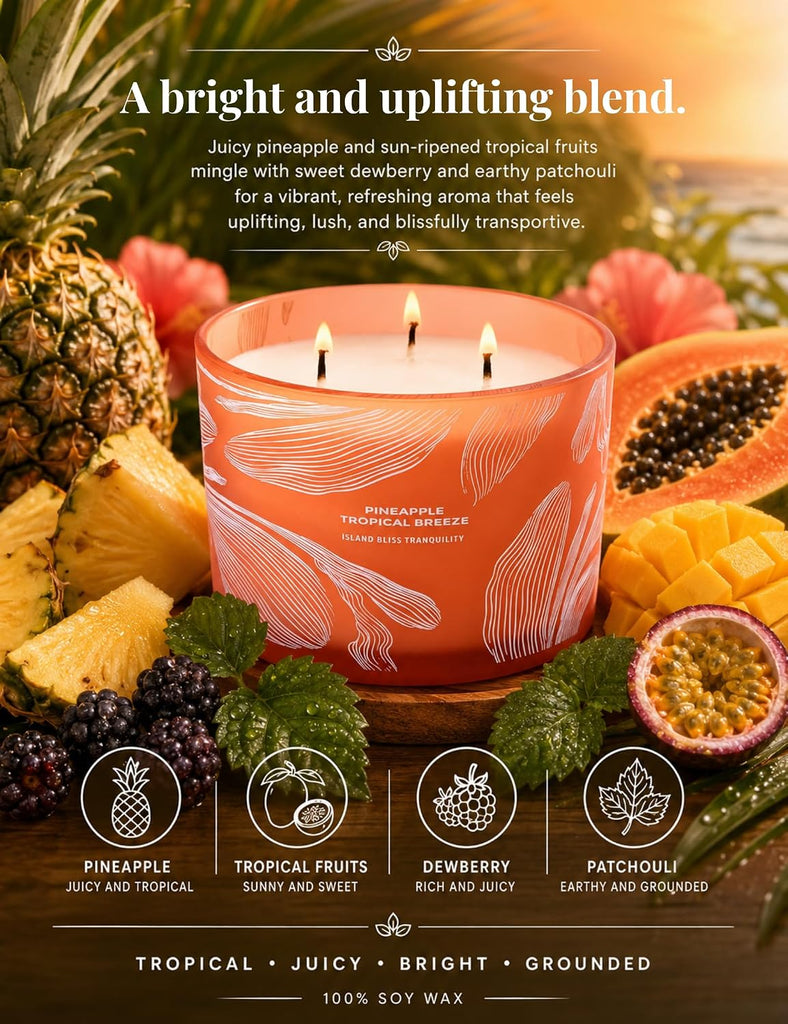 Pineapple Tropical Breeze Candle, Large 3-Wick Soy Candle, 14.5 oz - Set of 145