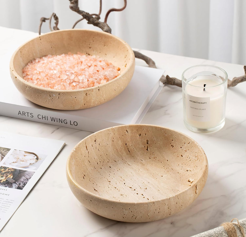 Natural Travertine Decorative Bowl 7.8", Handmade Stone Catchall Bowl for Entryway Key, Coffee Table Centerpiece