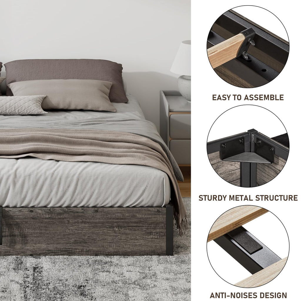 Bed Frame with Lift Up Storage, Rustic Grey