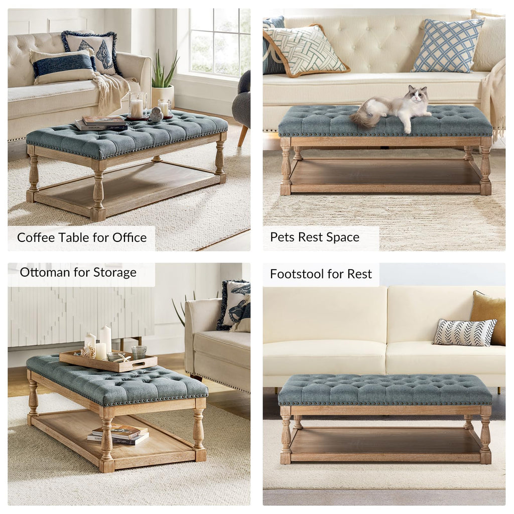 Storage Tufted Ottoman Coffee Table with Solid Wood Legs, Blue