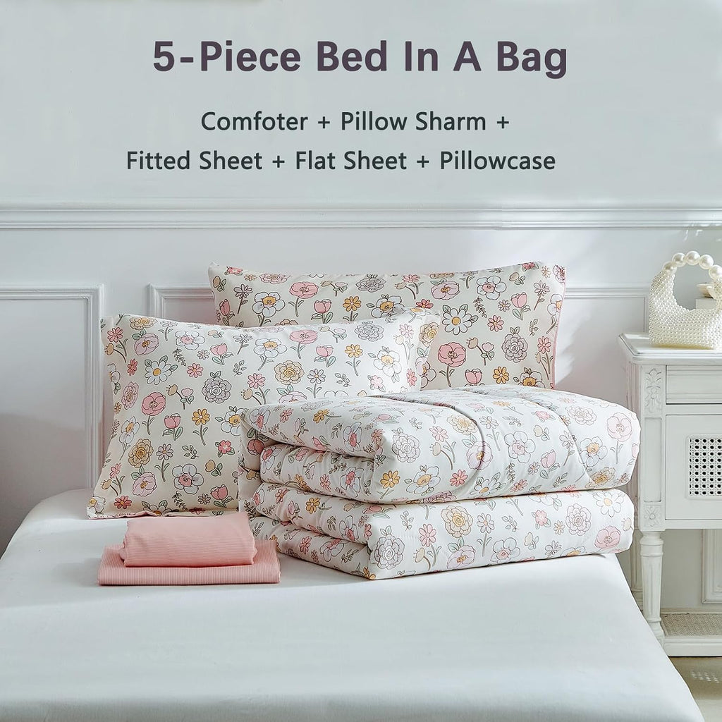 Floral Twin Comforter Set,5 Pieces Twin Bedding Set for Girls,Twin Bed in a Bag, All Season Kids Sheet Set with