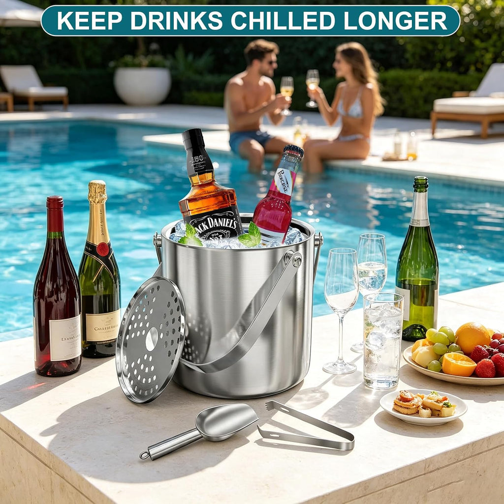 Ice Bucket for Parties, 3.4Qt/3.2L Double-Wall Stainless Steel Insulated Ice Bucket with Lid, Scoop, Tongs