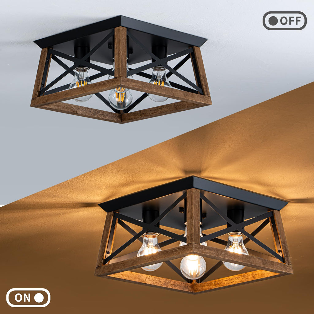 4-Light Famrhouse Light Fixture, Rustic Ceiling Light with Wood and Metal Frame, Farmhouse Flush Mount Ceiling Light