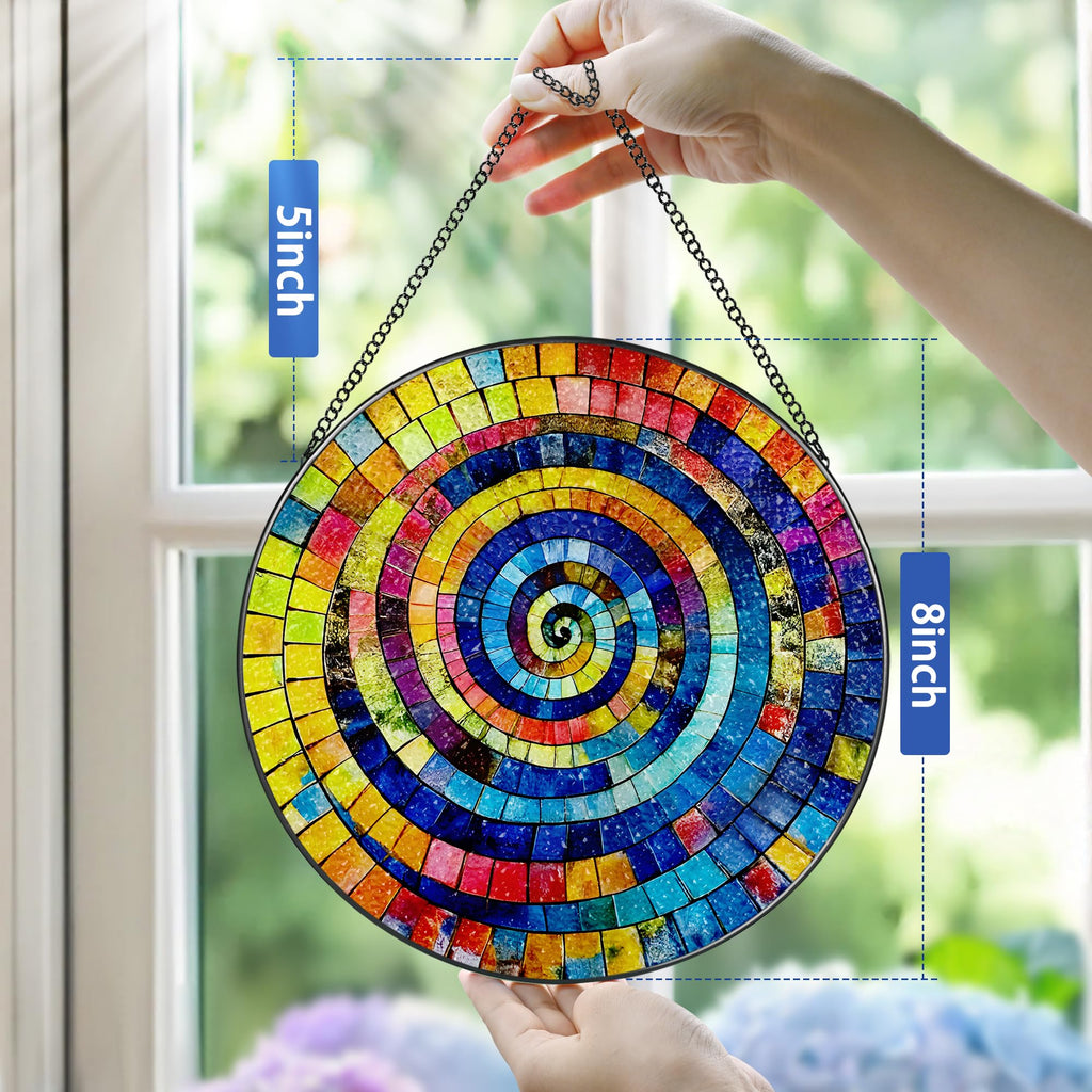 Stained Glass Window Hanging, 8 Inch Rainbow Spiral Stained Glass Suncatcher, Window Decor, Gifts for Art Lovers