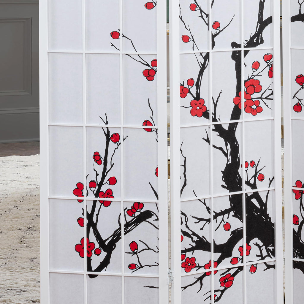 White Japanese 4-Panel Screen Room Divider, Plum Blossom