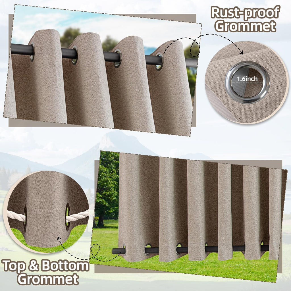 Waterproof Outdoor Curtains with Zipper 2 Panels Faux Linen Sun Blocking Blackout Privacy Patio Curtains Top & Bottom