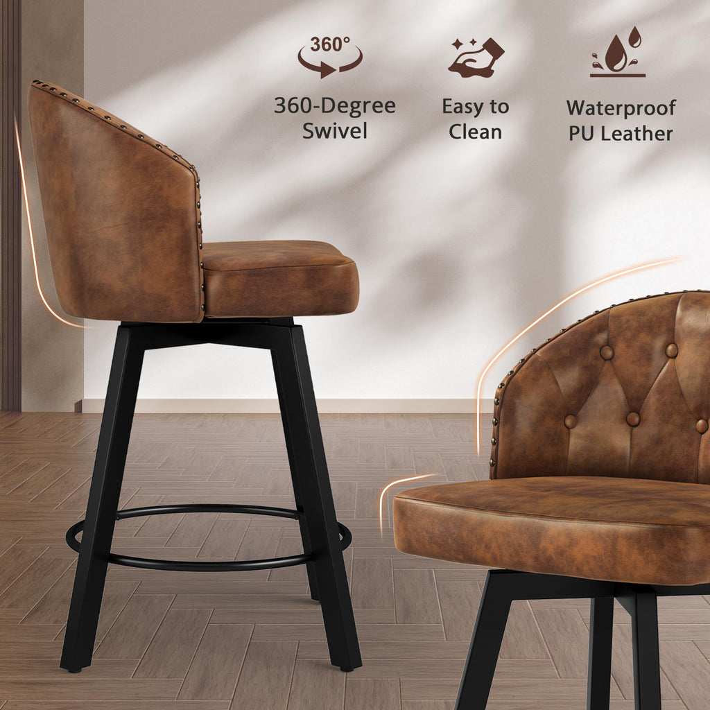 Counter Height Bar Stools, 26" Swivel Faux Leather Upholstered Bar Stool with Backs and Metal Legs, Retro Counter