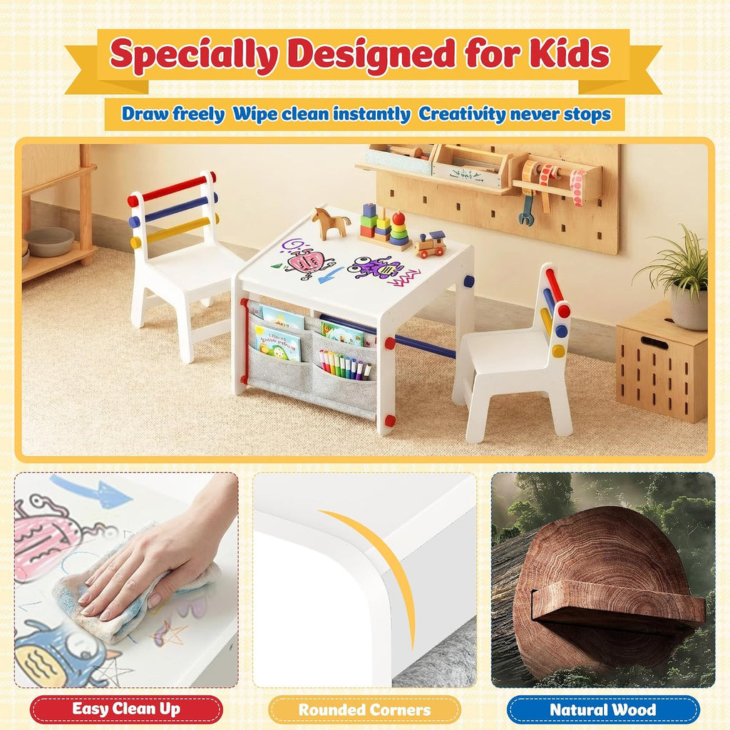 Wooden Kids Table & Chair, Graffiti Desktop & Storage, Multicolor